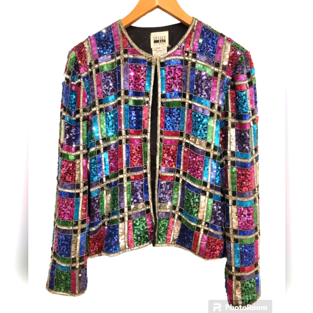 VINTAGE 80'S LESLIE FAY RAINBOW SEQUIN EVENING JACKET SIZE LARGE PETITE - Picture 3 of 16